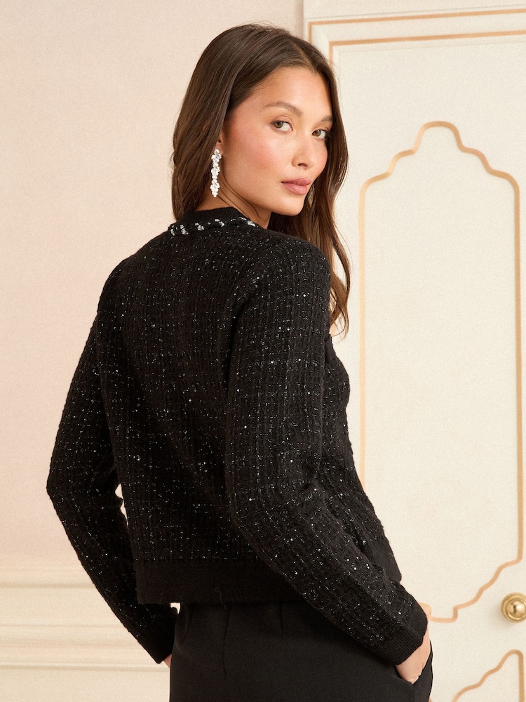 Love & Roses Black Lurex Embellished Button Kniited Jumper With Wool - Image 2 of 4