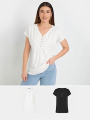 Long Tall Sally Black 100% Cotton Short Sleeve Pintuck Henley Tops 2 Pack - Image 1 of 8