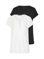 Long Tall Sally Black 100% Cotton Short Sleeve Pintuck Henley Tops 2 Pack - Image 6 of 8