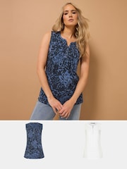 Long Tall Sally Aqua Blue 100% Cotton Sleeveless Henley T-Shirts 2 Pack - Image 1 of 7