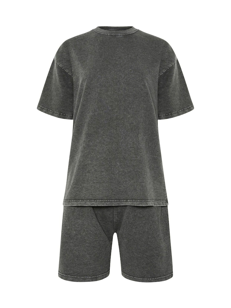 Long Tall Sally Black Acid Wash Sweat T-Shirt & Shorts Set - Image 5 of 5