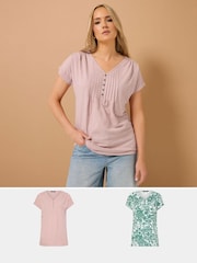 Long Tall Sally Green 100% Cotton Short Sleeve Pintuck Henley Tops 2 Pack - Image 1 of 8