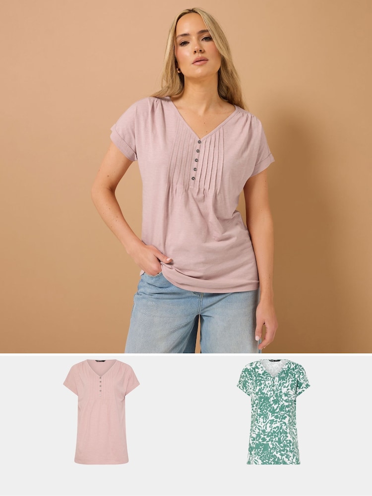 Long Tall Sally Green 100% Cotton Short Sleeve Pintuck Henley Tops 2 Pack - Image 1 of 8