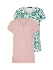 Long Tall Sally Green 100% Cotton Short Sleeve Pintuck Henley Tops 2 Pack - Image 6 of 8