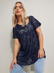 Yours Curve Blue Broderie Anglaise Top - Image 1 of 5