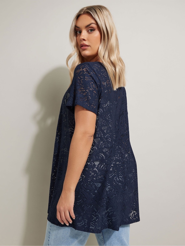 Yours Curve Blue Broderie Anglaise Top - Image 2 of 5