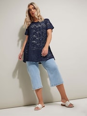 Yours Curve Blue Broderie Anglaise Top - Image 3 of 5