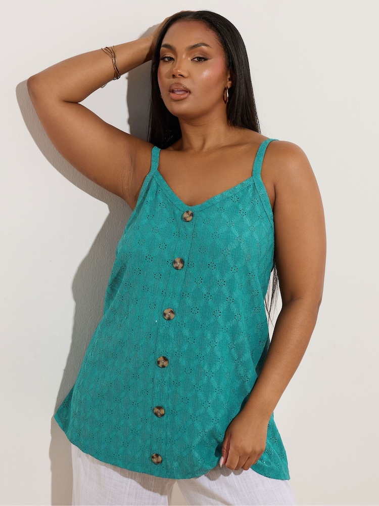 Yours Curve Green Anglaise Button Swing Vest - Image 1 of 5