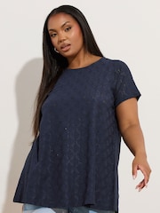 Yours Curve Blue Anglaise Broderie Swing Top - Image 1 of 5