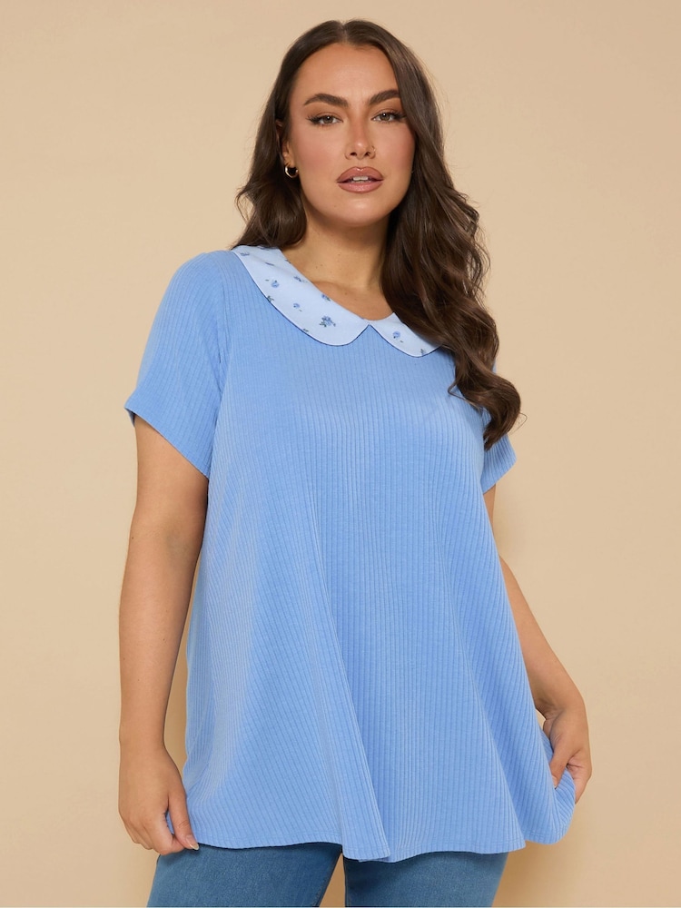 Yours Curve Blue Collar Ribbed Swing Top - Image 1 of 5