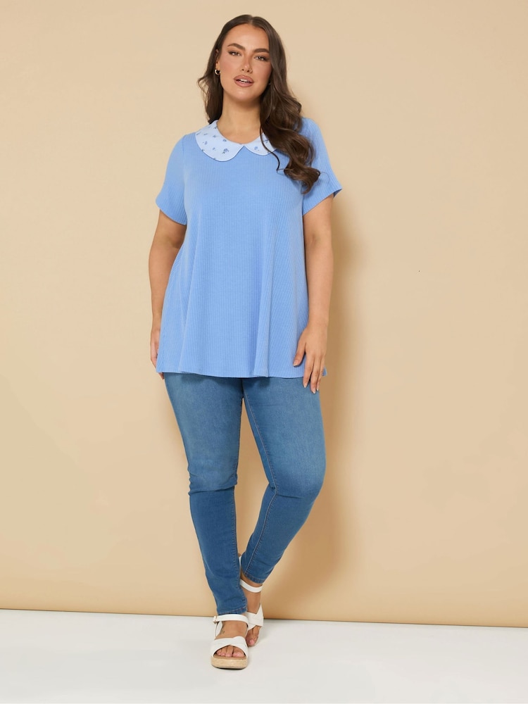 Yours Curve Blue Collar Ribbed Swing Top - Image 2 of 5