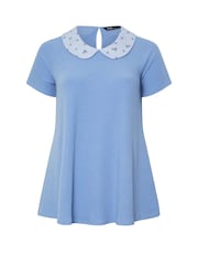 Yours Curve Blue Collar Ribbed Swing Top - Image 5 of 5