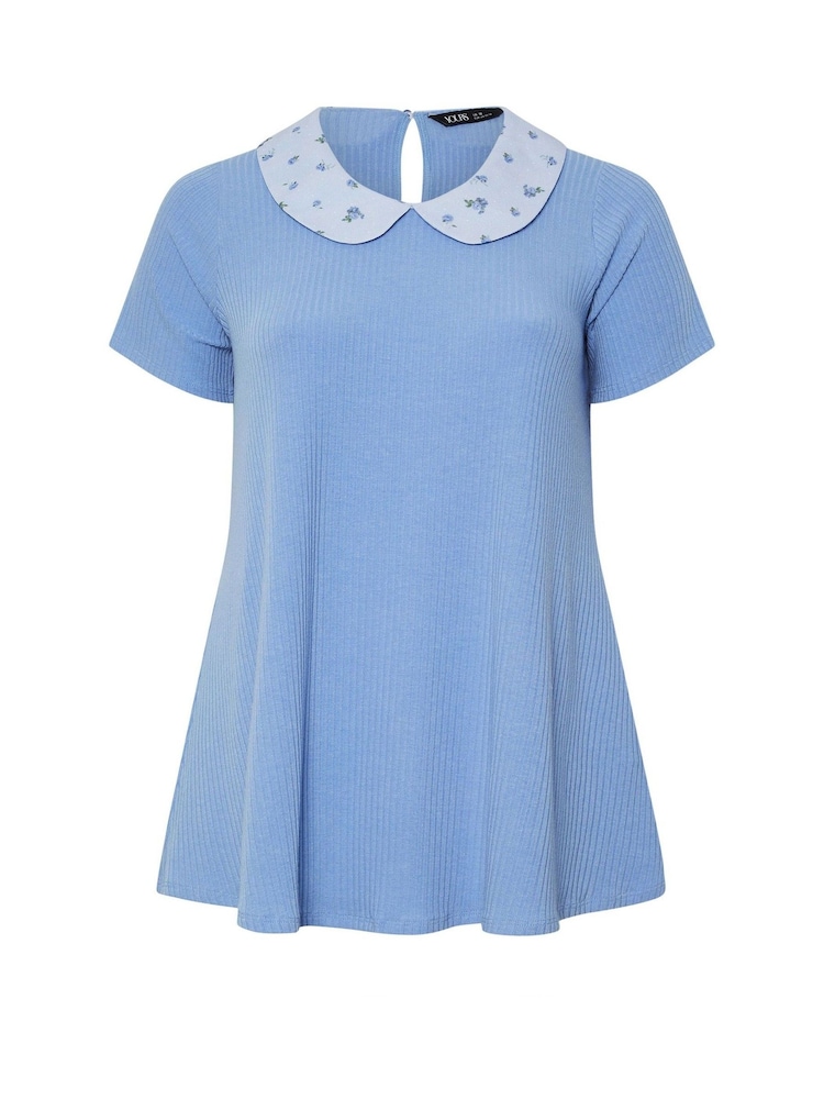 Yours Curve Blue Collar Ribbed Swing Top - Image 5 of 5
