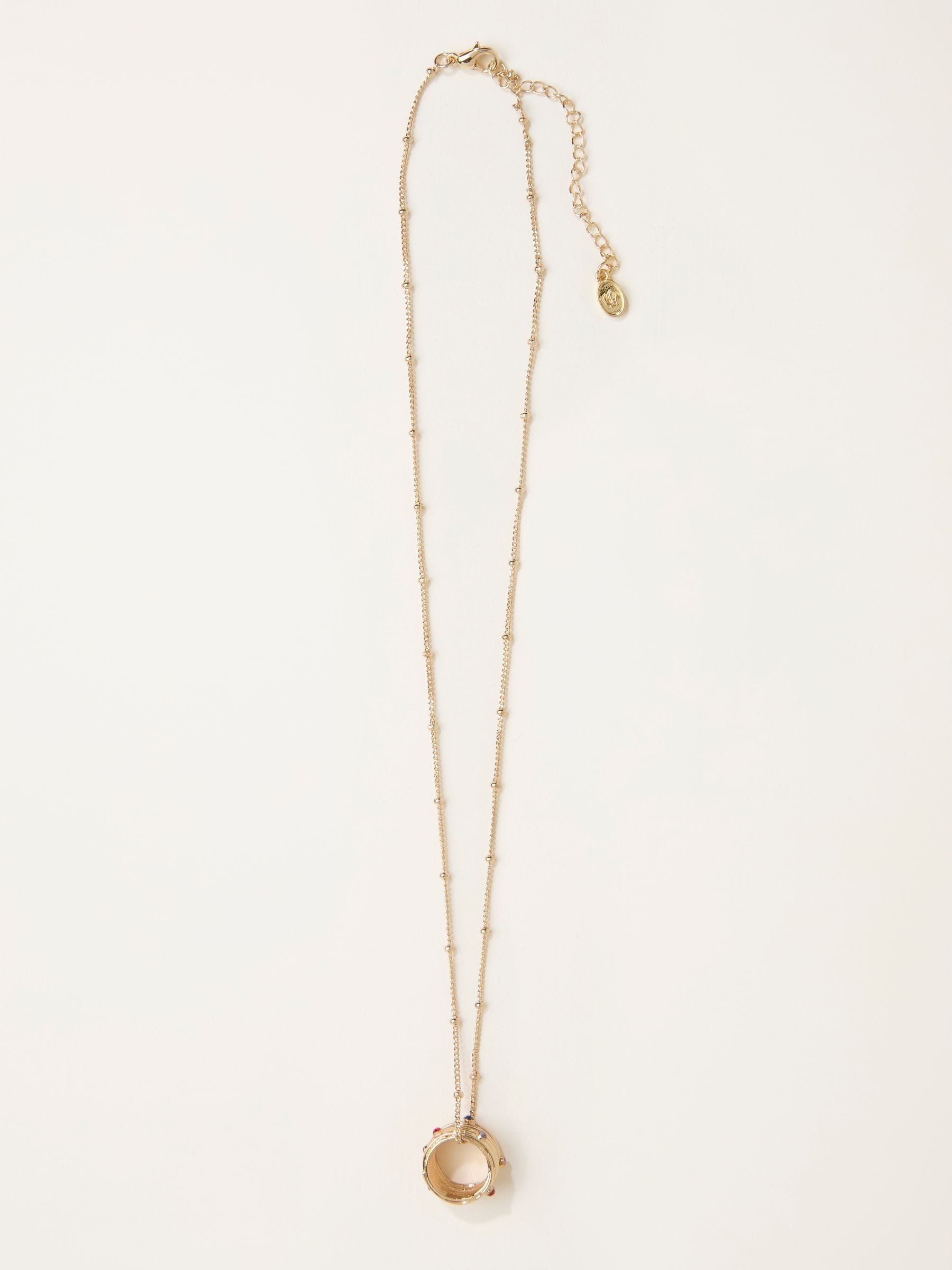 Fat Face Gold Tone Ring Necklace - Brass & Glass - Gold