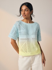 Yellow Blue Ombre - Camiseta de manga corta con cuello redondo de ganchillo - Imagen 1 de 6