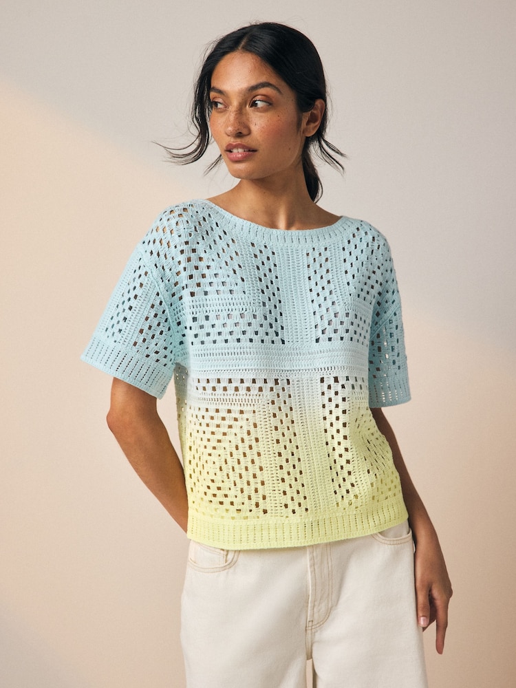 Yellow Blue Ombre - Camiseta de manga corta con cuello redondo de ganchillo - Imagen 1 de 6