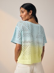 Yellow Blue Ombre - Camiseta de manga corta con cuello redondo de ganchillo - Imagen 2 de 6