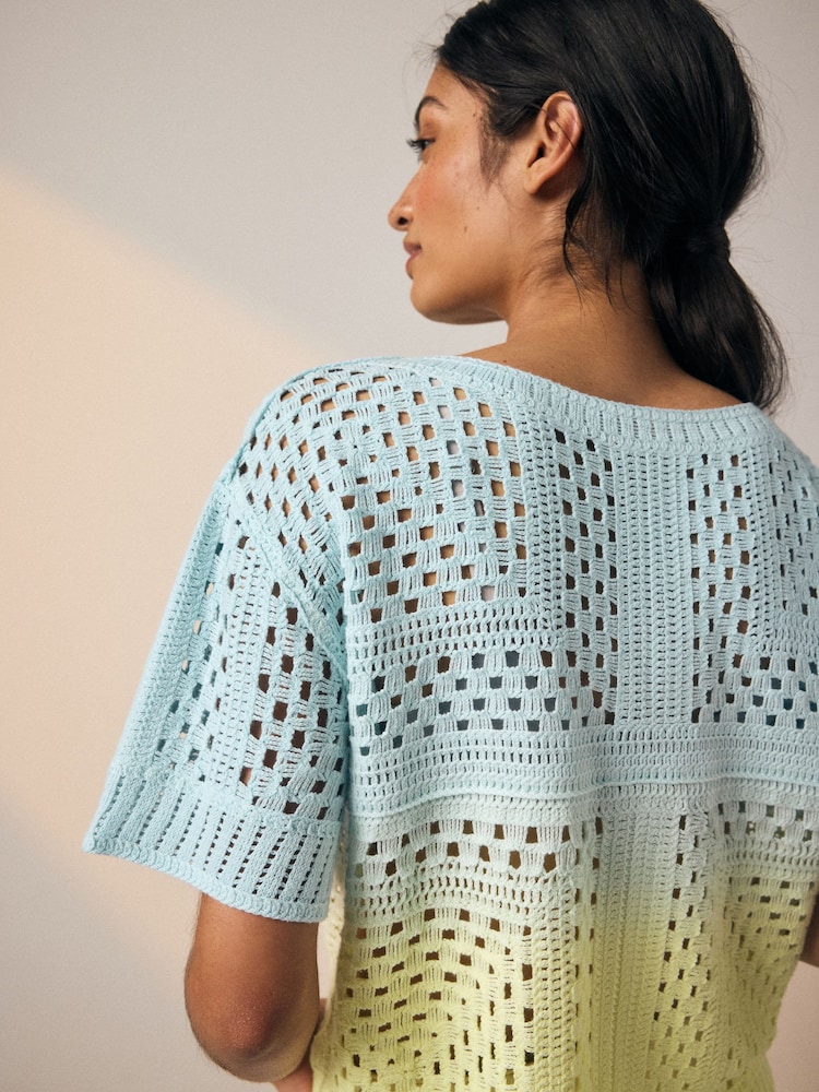 Yellow Blue Ombre Short Sleeve Crochet Crew Neck T-Shirt - Image 3 of 6