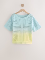 Yellow Blue Ombre - Camiseta de manga corta con cuello redondo de ganchillo - Imagen 4 de 6