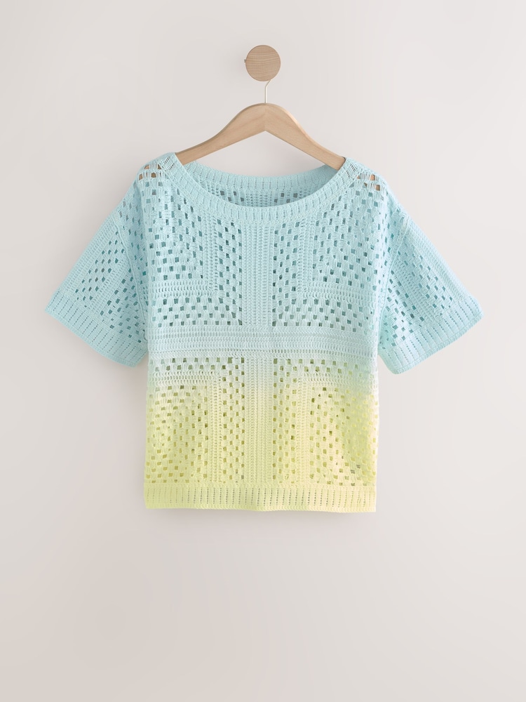 Yellow Blue Ombre Short Sleeve Crochet Crew Neck T-Shirt - Image 4 of 6