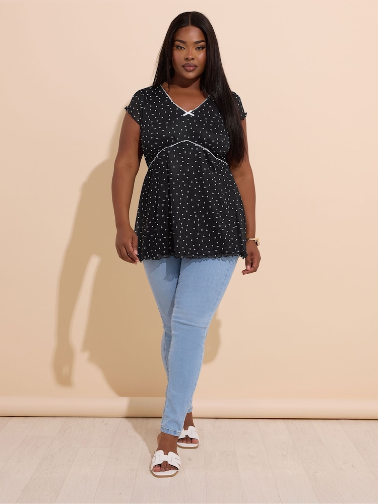 Yours Curve Black Mesh Pico Trim Short Sleeve Top - Image 2 of 5