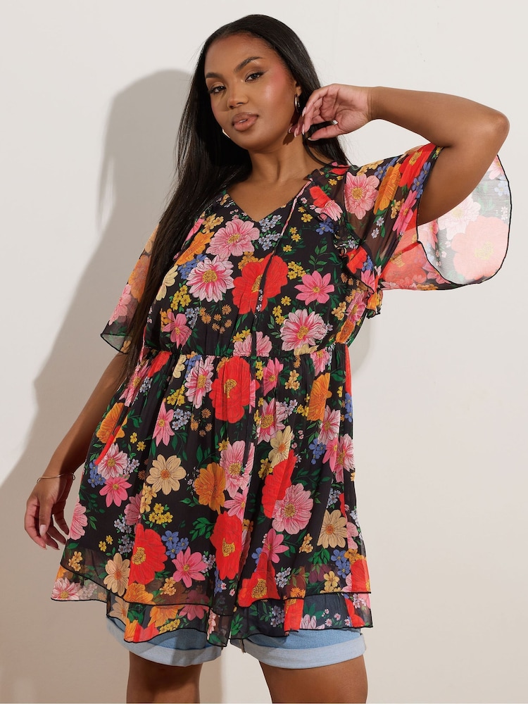 Yours Curve Black Ruffle Angel Sleeve Dress - Image 1 of 5