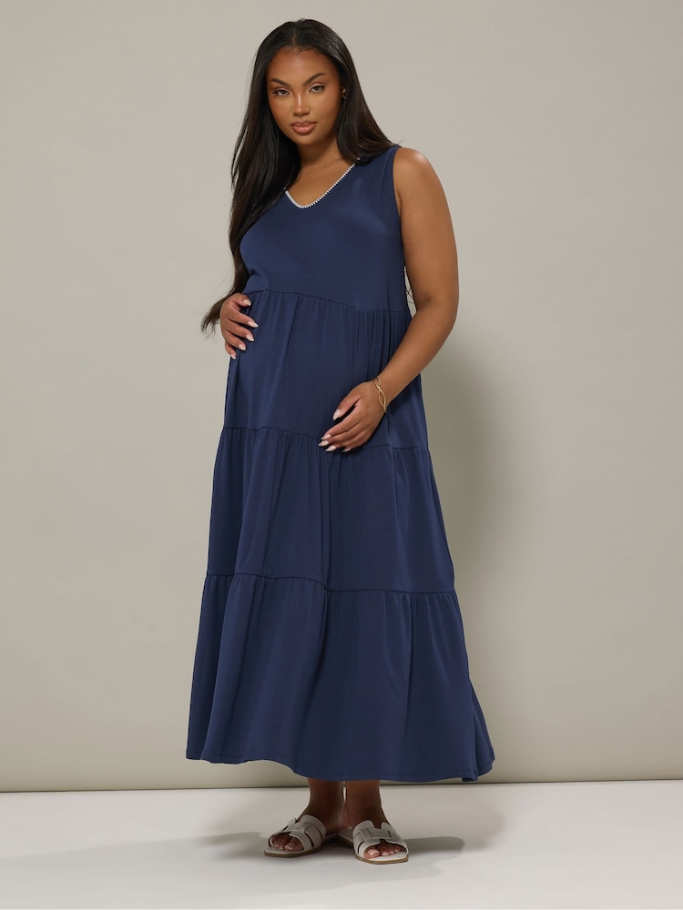 Yours Curve Blue Maternity V-Neck Tiered Dress - Image 1 of 4