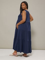 Yours Curve Blue Maternity V-Neck Tiered Dress - Image 2 of 4