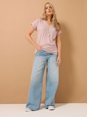 Long Tall Sally Pink 100% Cotton Short Sleeve Pintuck Henley Top - Image 3 of 6
