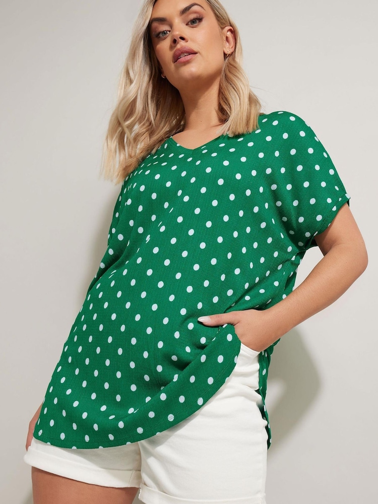 Yours Curve Green Dot Pleated Front Top - Image 1 of 5