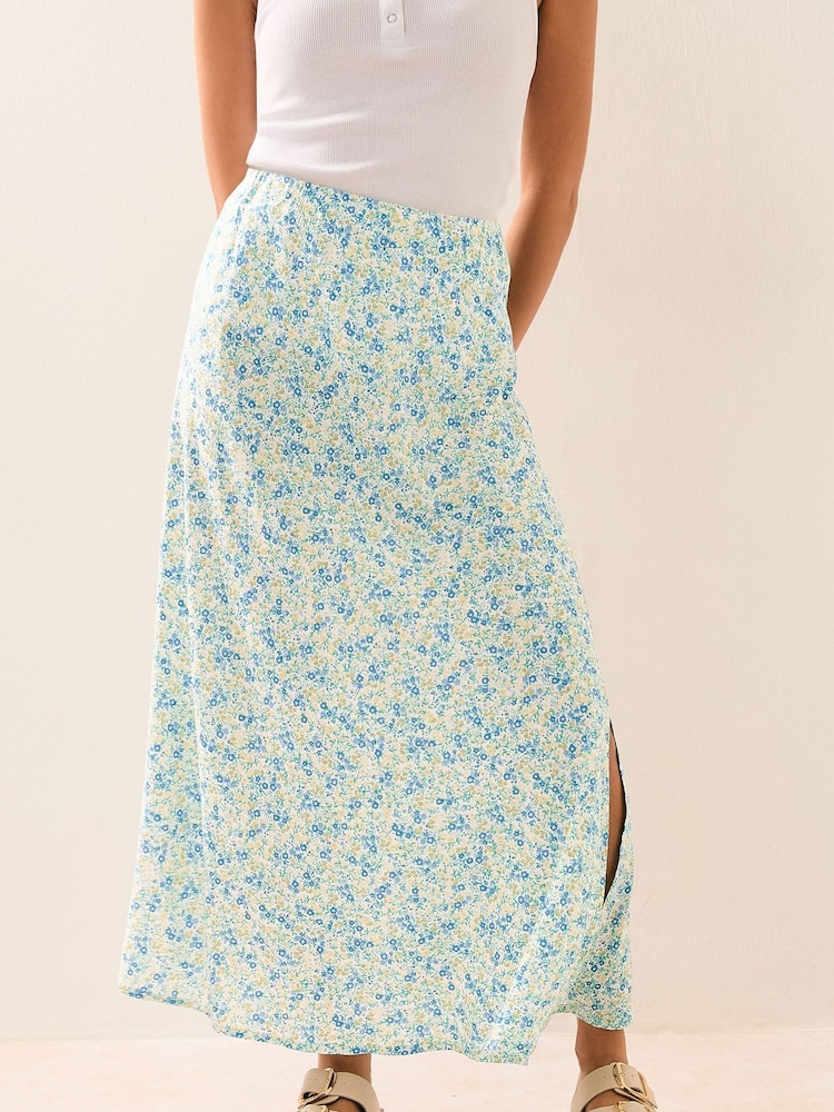 PixieGirl Petite Blue Ditsy A Line Midaxi Skirt - Image 1 of 5