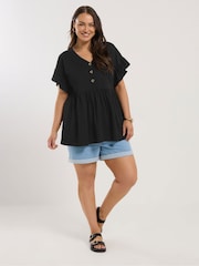 Yours Curve Black Frill Sleeve Button Peplum 100% Cotton Top - Image 2 of 5