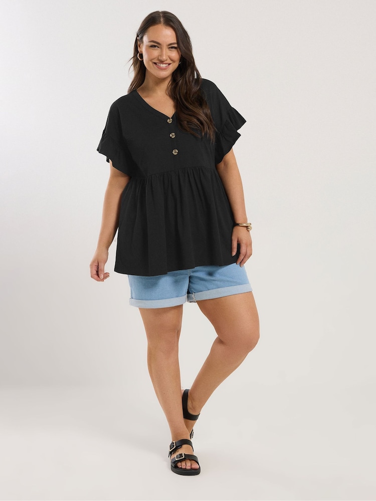 Yours Curve Black Frill Sleeve Button Peplum 100% Cotton Top - Image 2 of 5