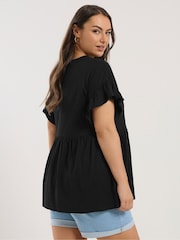 Yours Curve Black Frill Sleeve Button Peplum 100% Cotton Top - Image 3 of 5