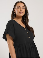 Yours Curve Black Frill Sleeve Button Peplum 100% Cotton Top - Image 4 of 5