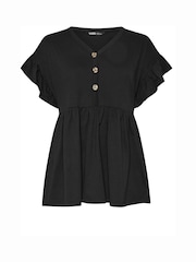 Yours Curve Black Frill Sleeve Button Peplum 100% Cotton Top - Image 5 of 5