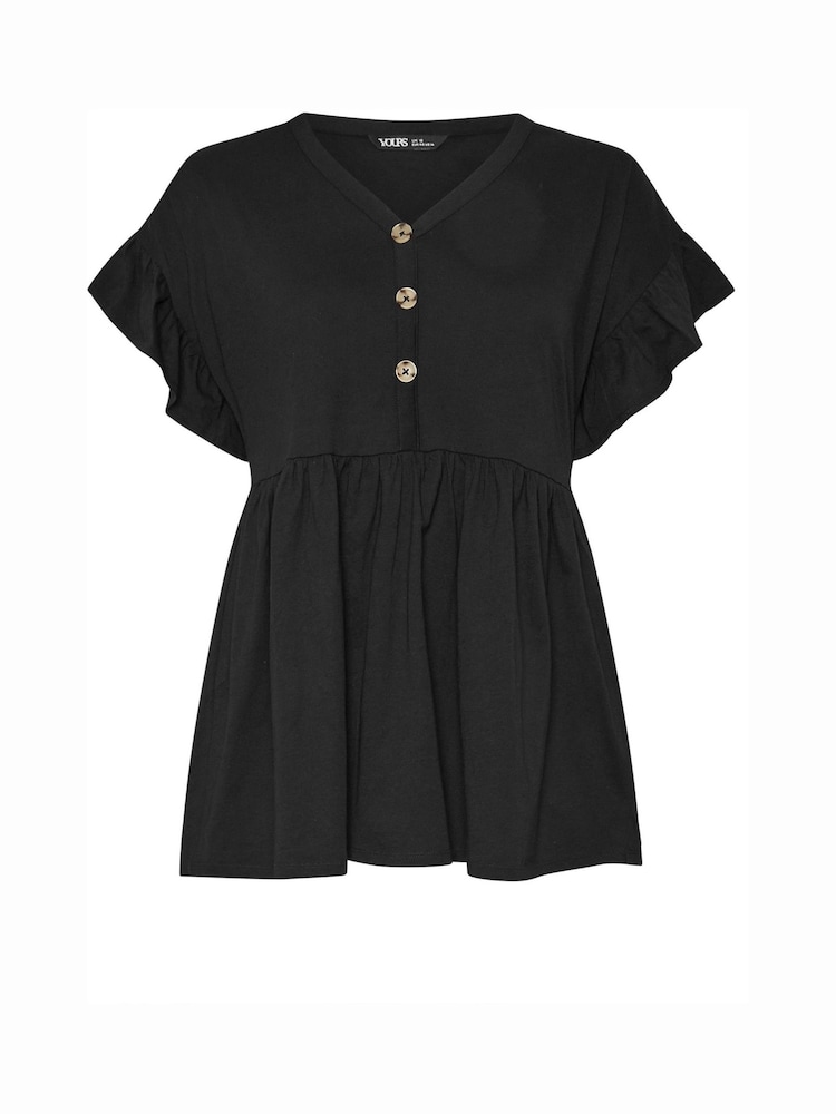 Yours Curve Black Frill Sleeve Button Peplum 100% Cotton Top - Image 5 of 5
