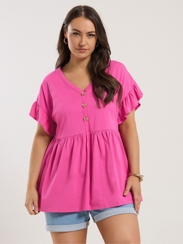 Yours Curve Pink Frill Sleeve Button Peplum 100% Cotton Top - Image 1 of 5