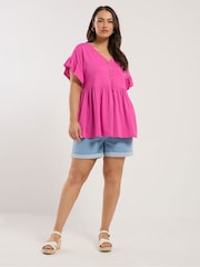 Yours Curve Pink Frill Sleeve Button Peplum 100% Cotton Top - Image 2 of 5