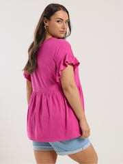 Yours Curve Pink Frill Sleeve Button Peplum 100% Cotton Top - Image 3 of 5