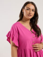Yours Curve Pink Frill Sleeve Button Peplum 100% Cotton Top - Image 4 of 5