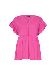 Yours Curve Pink Frill Sleeve Button Peplum 100% Cotton Top - Image 5 of 5