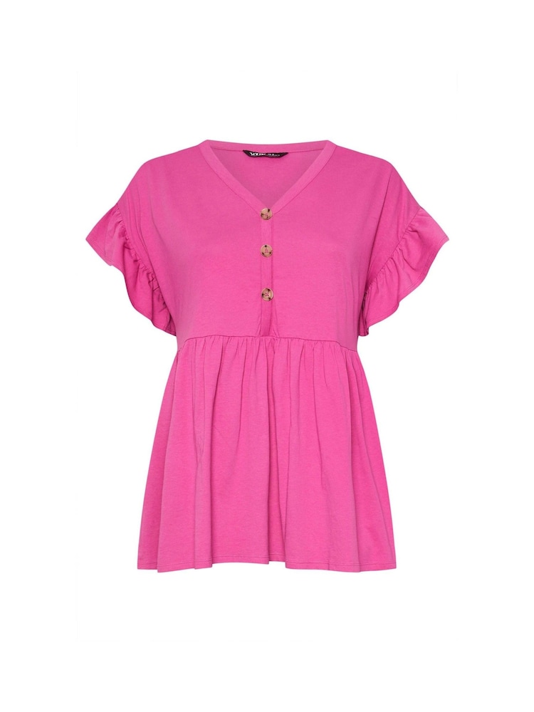 Yours Curve Pink Frill Sleeve Button Peplum 100% Cotton Top - Image 5 of 5