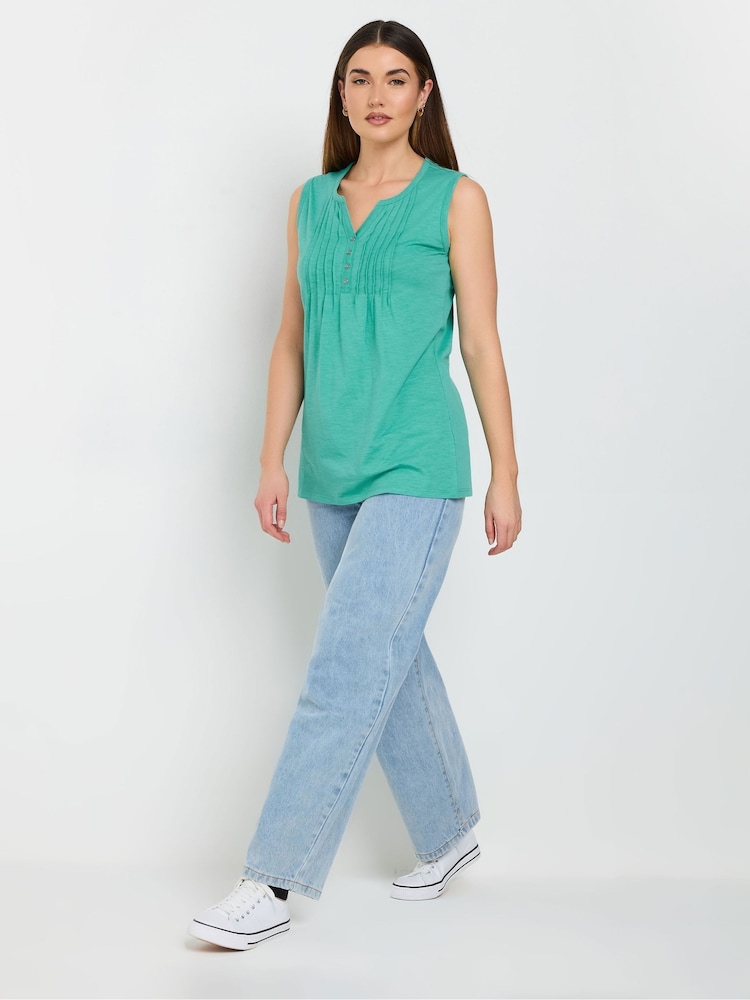 Long Tall Sally Green 100% Cotton Sleeveless Pintuck Henley Top - Image 2 of 5