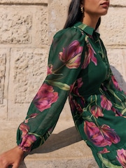 Friends Like These Green Floral Long Sleeve V-Neck Button Shirt Mini Dress - Image 2 of 5