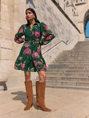 Friends Like These Green Floral Long Sleeve V-Neck Button Shirt Mini Dress - Image 3 of 5