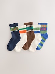 Ecru/Brown Slogan Stripe Cushioned Footbed Cotton Rich Ribbed Socks 5 Pack - Image 1 of 3