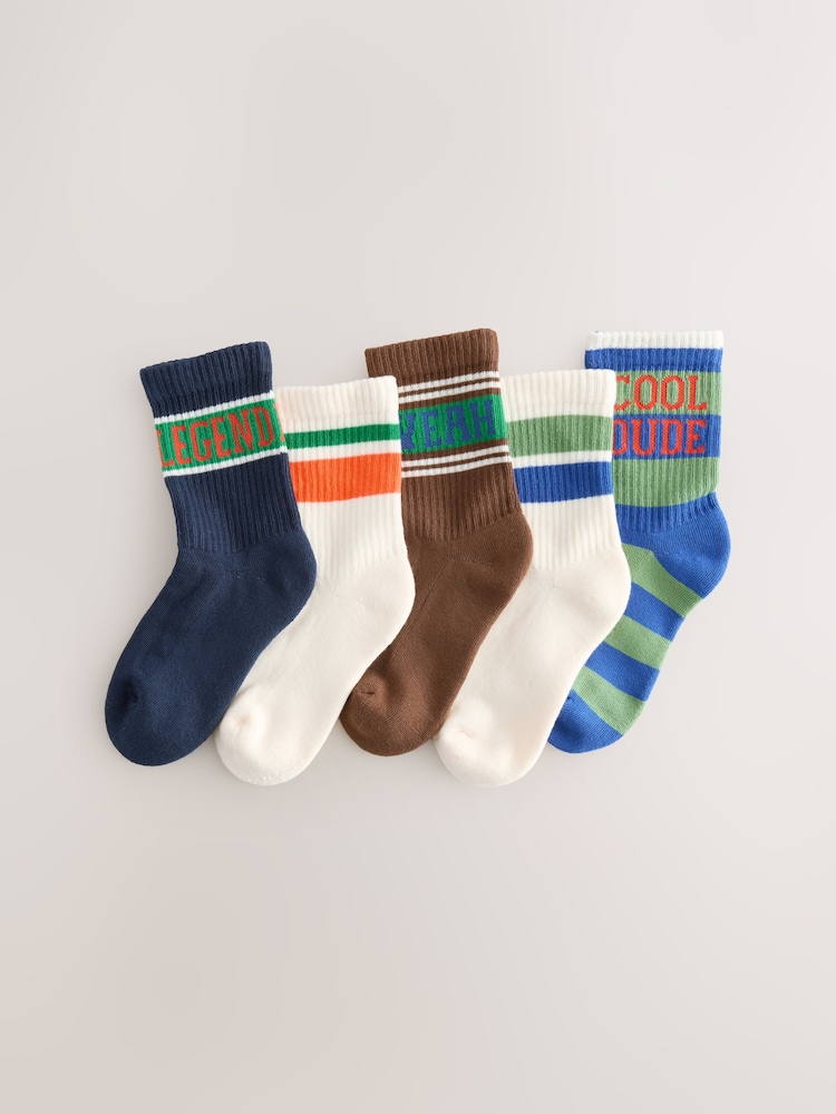 Ecru/Brown Slogan Stripe Cushioned Footbed Cotton Rich Ribbed Socks 5 Pack - Image 1 of 3