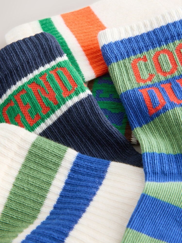 Ecru/Brown Slogan Stripe Cushioned Footbed Cotton Rich Ribbed Socks 5 Pack - Image 2 of 3
