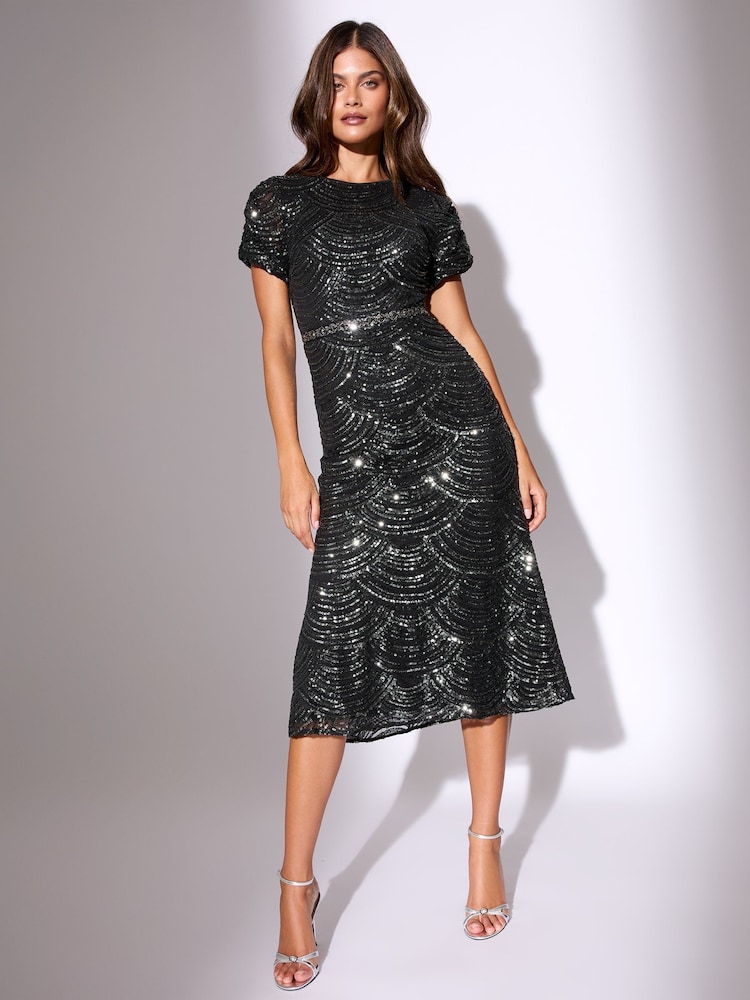 Lipsy Black Petite Sleeve Fit Premium Sequin Embellished Short And Flare Midi Dress - Image 1 of 4